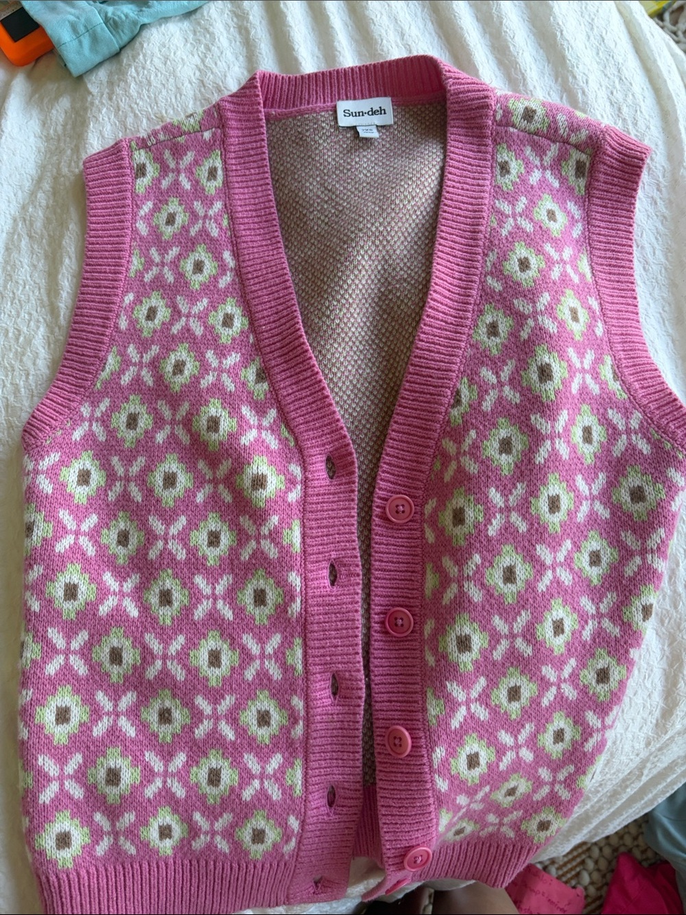 Aritzia Pink Floral Patterned Knit Button-Up Sweater Vest